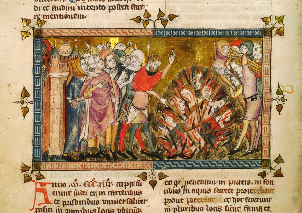 Burning of the Jews in 1349. Miniature from: Tractatus quartus by Gilles de Muisit by Pierart dou Tielt