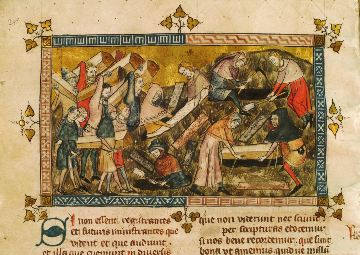 The Burial of the Victims of the Plague in Tournai, c. 1353 by Pierart dou Tielt