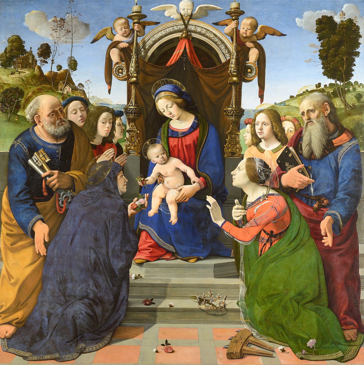 Madonna and Child Enthroned with Saints Peter, John the Evangelist, Elizabeth of Hungary, Catherine of Alexandria and Angels by Piero di Cosimo