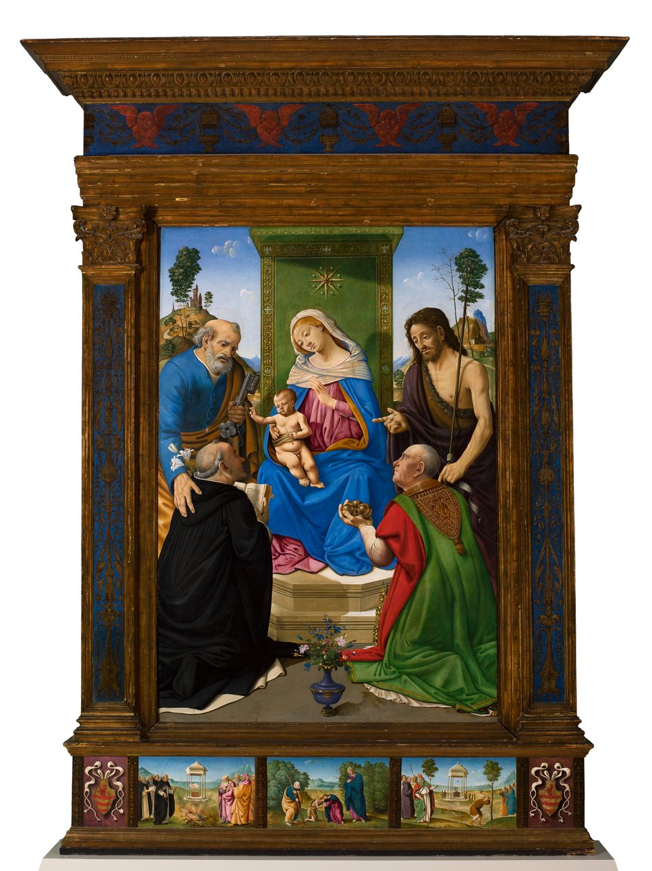 Madonna and Child Enthroned with Saints Peter, John the Baptist, Dominic, and Nicholas of Bari by Piero di Cosimo