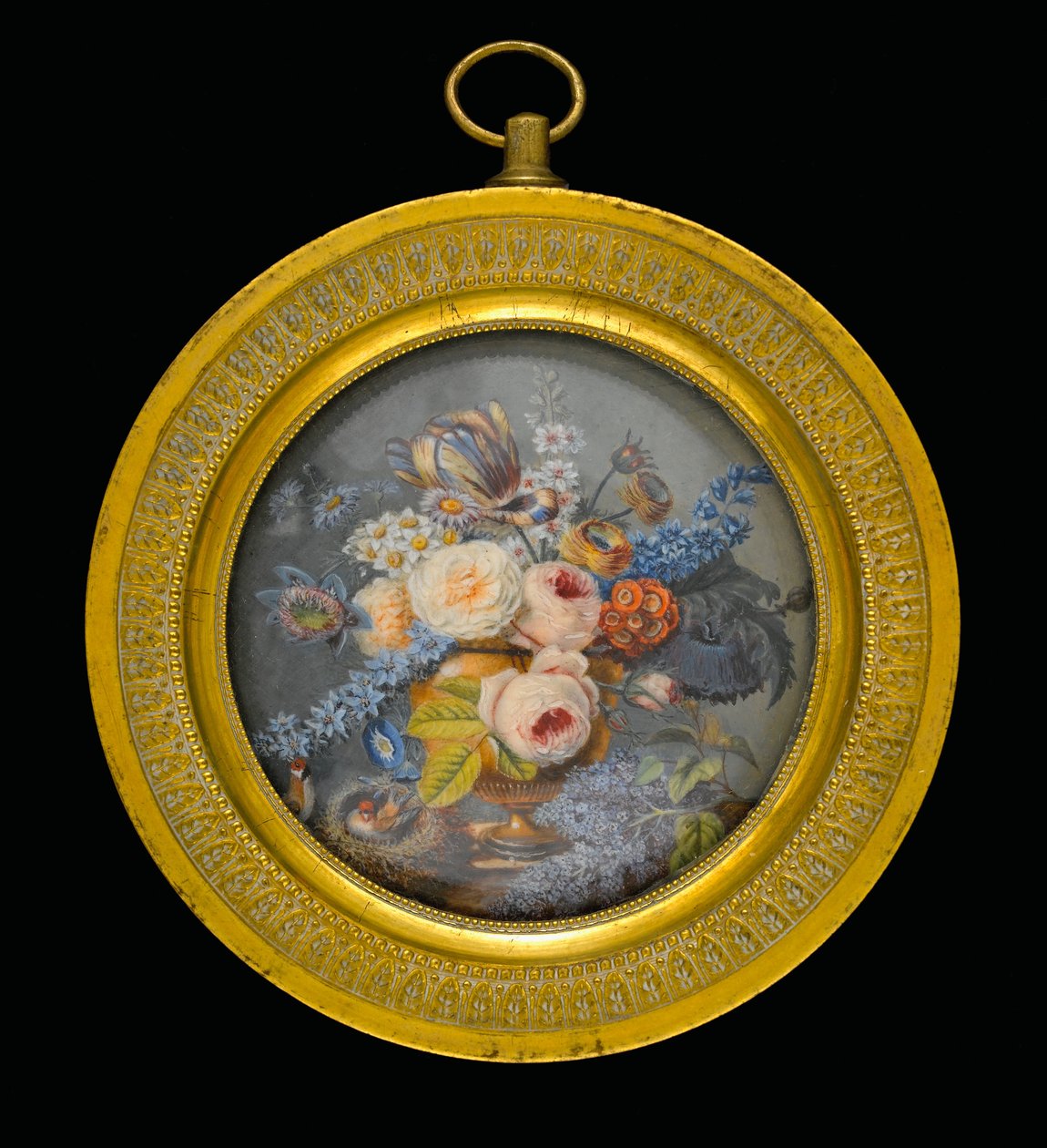Mixed Flowers in a Terracotta Vase, a Spray of Lilac and Two Birds on a Marble Slab by Pierre Antoine Poiteau