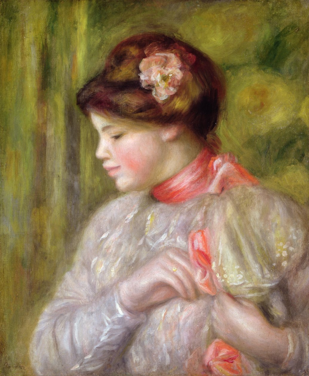 Young woman adjusting her blouse by Pierre Auguste Renoir