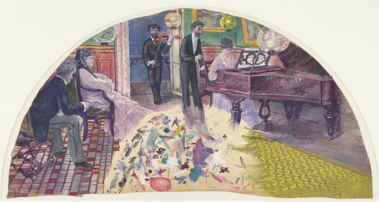 Draft for a Fan Depicting the Lounge of Nina de Callias with Callias at the Piano, Ernest Cabaner Standing Next to Her and Charles Cros on the Violin, c.1875-77 by Pierre Franc Lamy