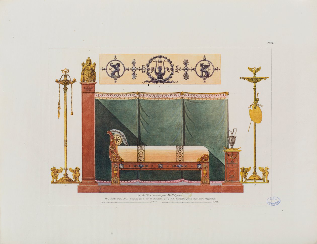 View and details of a bedroom in Paris, bed made by Alexandre de Regnier, from 