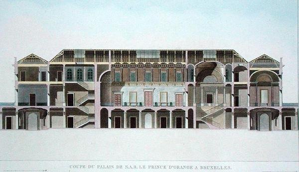 Cross Section of Palace of the Prince of Orange, Brussels, from Choix des Monuments, Edifices et Maisons les plus remarquables du Royaume des Pays-Bas by Pierre Jacques Goetghebuer, published 1827 by Pierre Jacques Goetghebuer