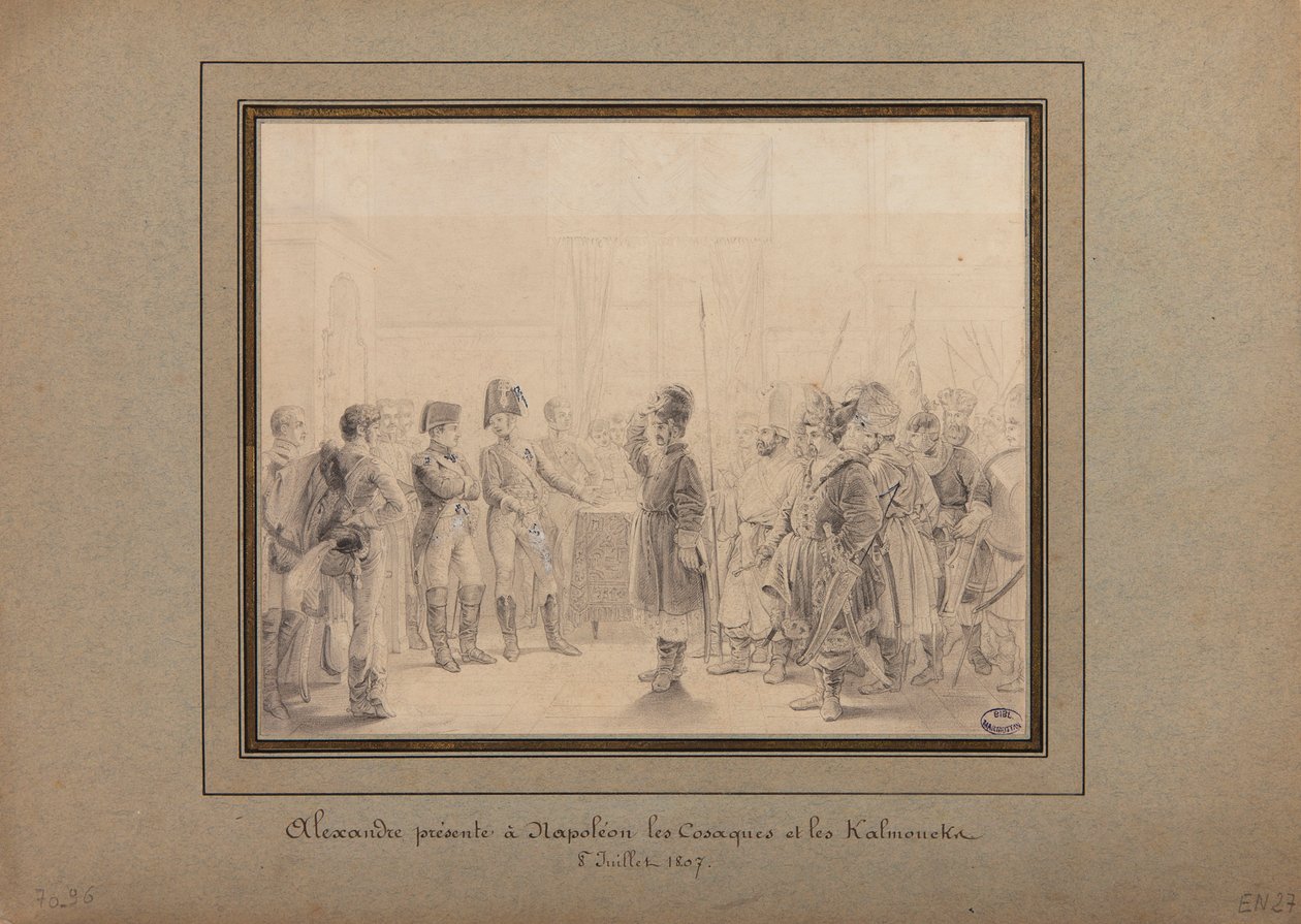 Alexander I Presenting the Cossacks and Kalmuks of the Russian Army to Napoleon I, at Tilsit, 8th July 1807 by Pierre Nolasque Bergeret