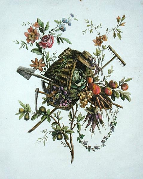 A garden textile design, from Oeuvre contenant un Receuil de Trophees, Attributs, Cartouches, Vases, Fleurs, Ornemens, et Plusieurs Dessins agreeables pour broder les Fauteuils, engraved by Etienne Claude Voysard by Pierre Ranson