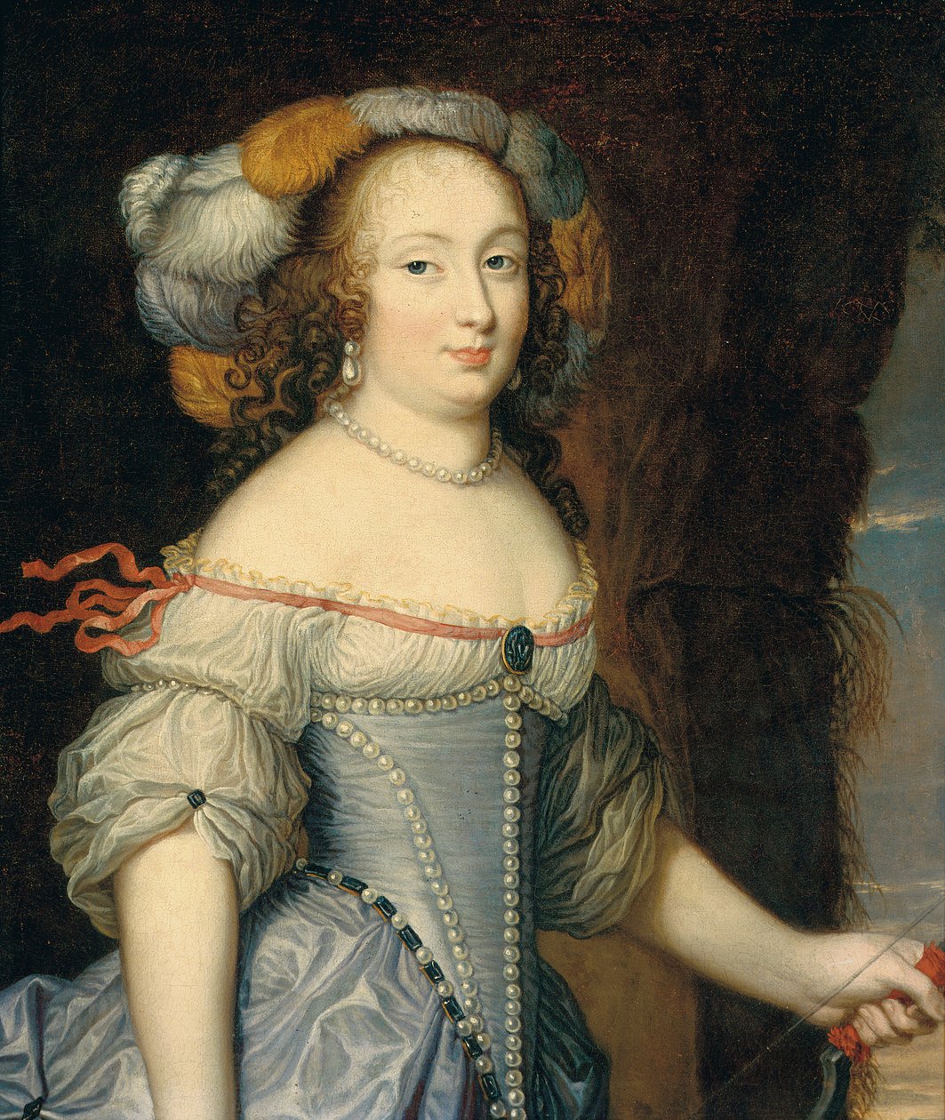 Portrait of Françoise Anthénaïs de Rochechouart de Mortemart, Marquise de Montespan (1640-1707), half-length, as Diana, wearing a feathered head-dress and holding a bow in her left hand by Pierre (circle of) Mignard