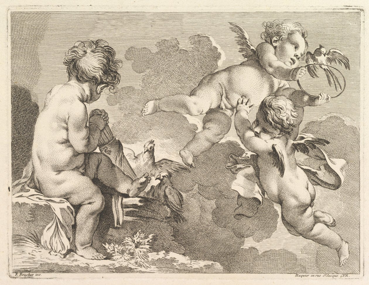 Three Loves, one of which is seated, holding a quiver by Pierre Alexandre Aveline