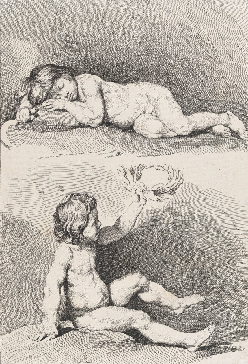 Two nude children, one sleeping and the other holding a wreath, from New Book of Children, 1720-60 by Pierre Alexandre Aveline