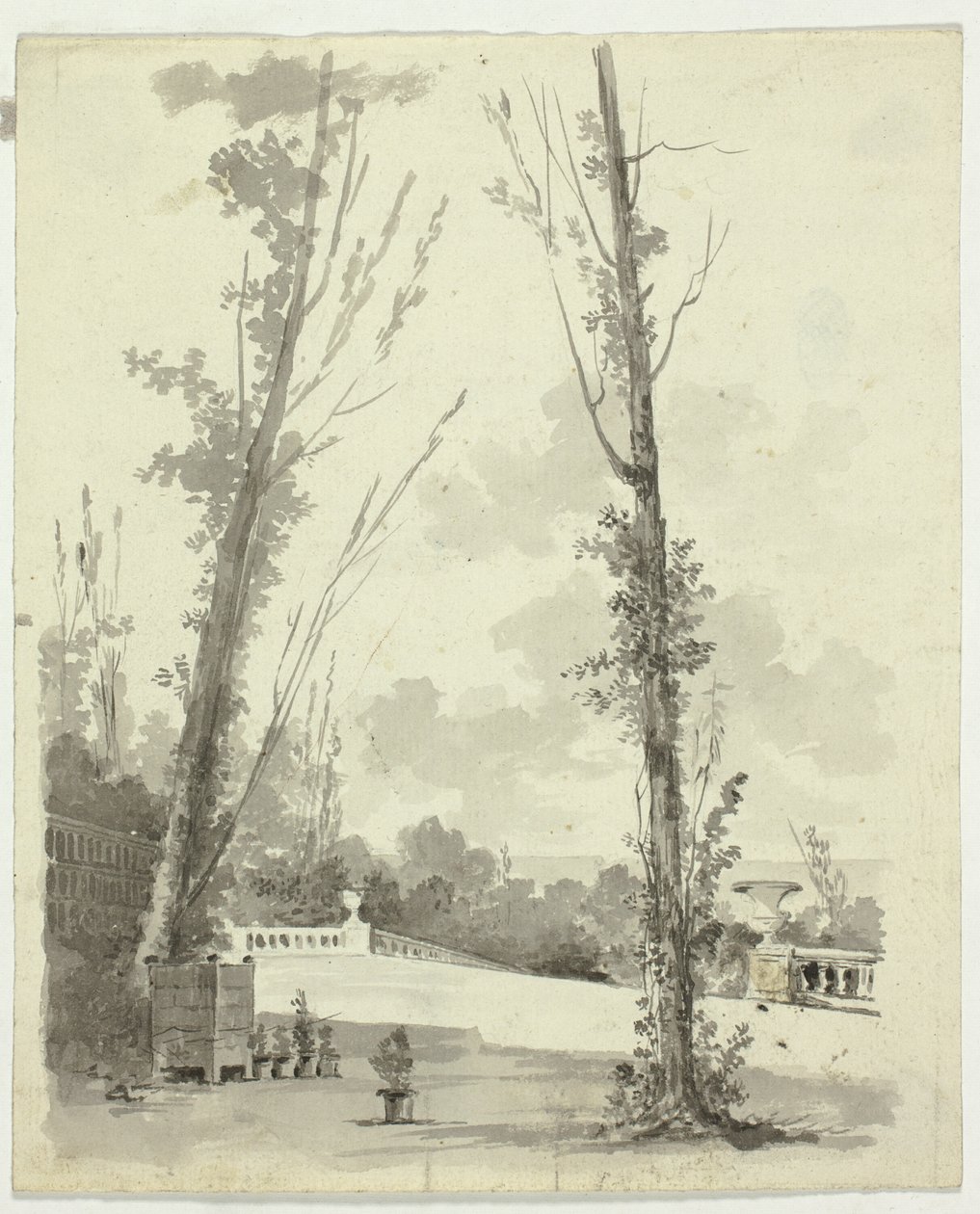View of the Park at Versailles: Two Poplar Trees with Balustraded Walk in Background by Pierre Antoine Mongin