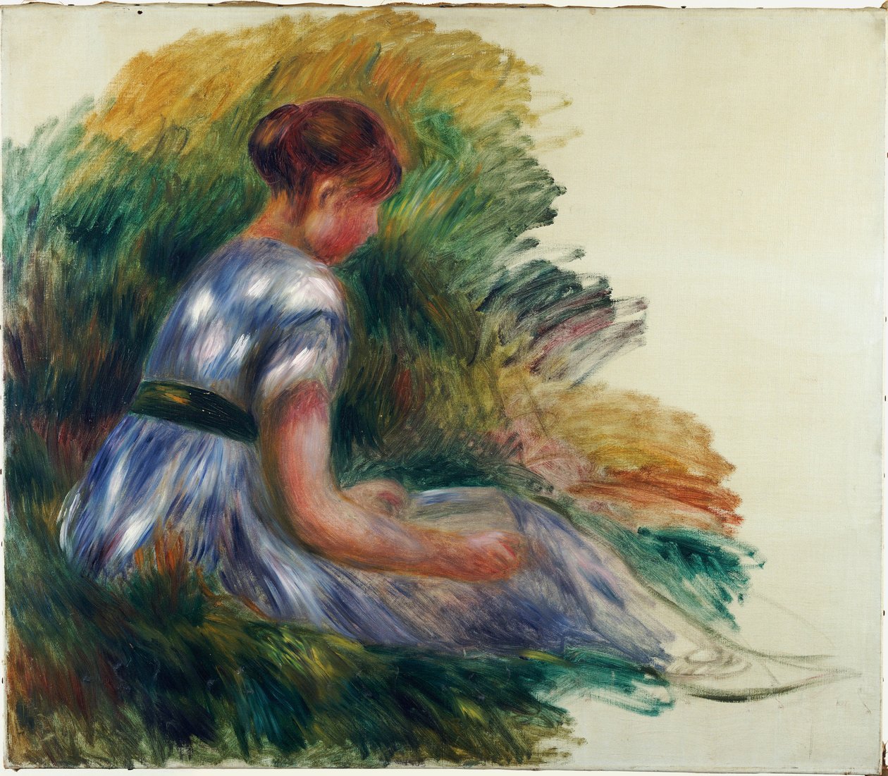 Alice Gamby in the Garden, Young Girl Sitting in the Grass by Pierre Auguste Renoir