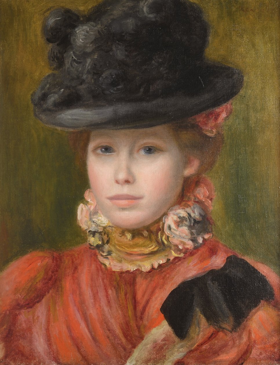 Girl in Black Hat with Red Flowers by Pierre Auguste Renoir