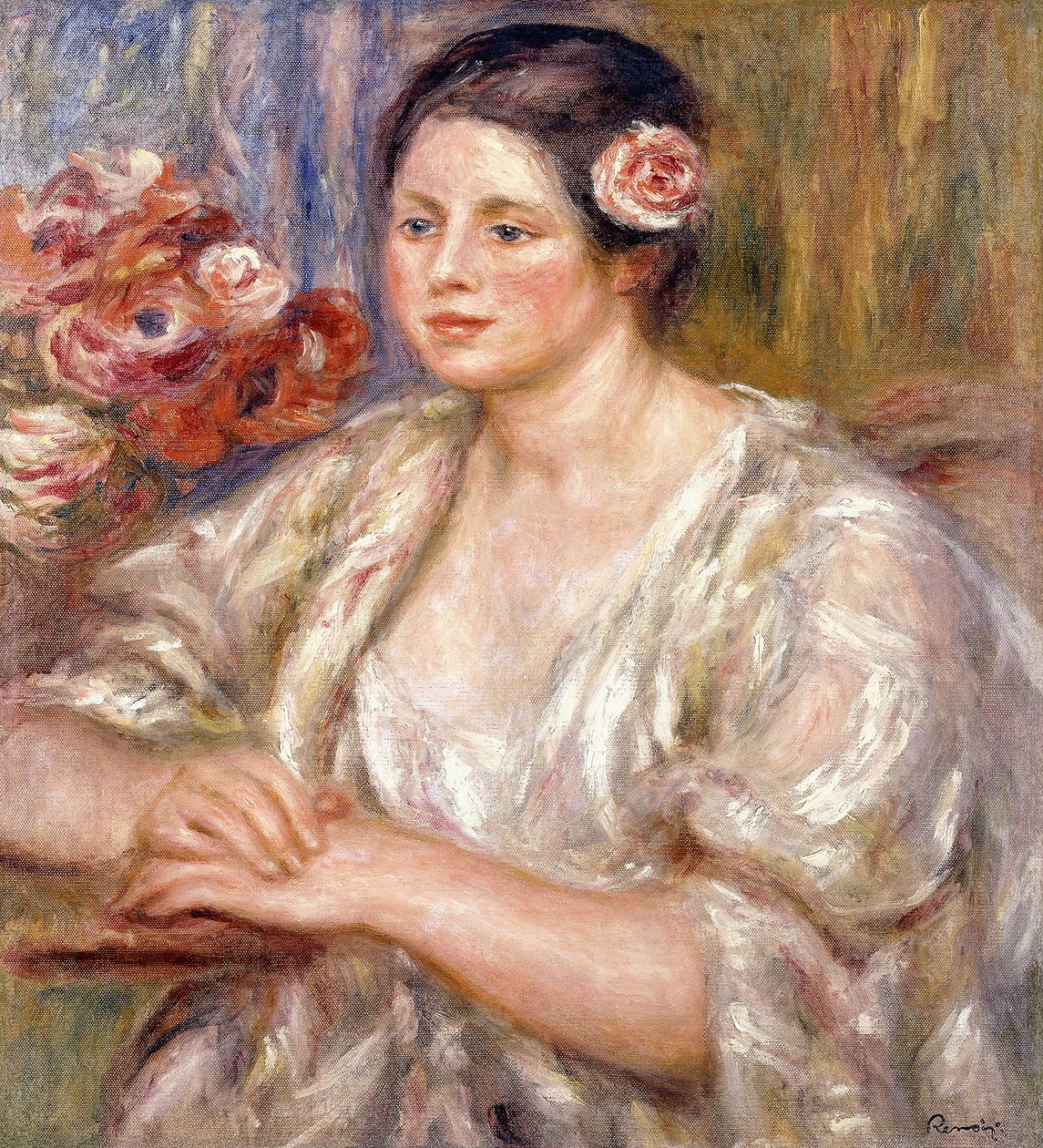 Madeleine in a White Blouse and Bouquet of Flowers by Pierre Auguste Renoir