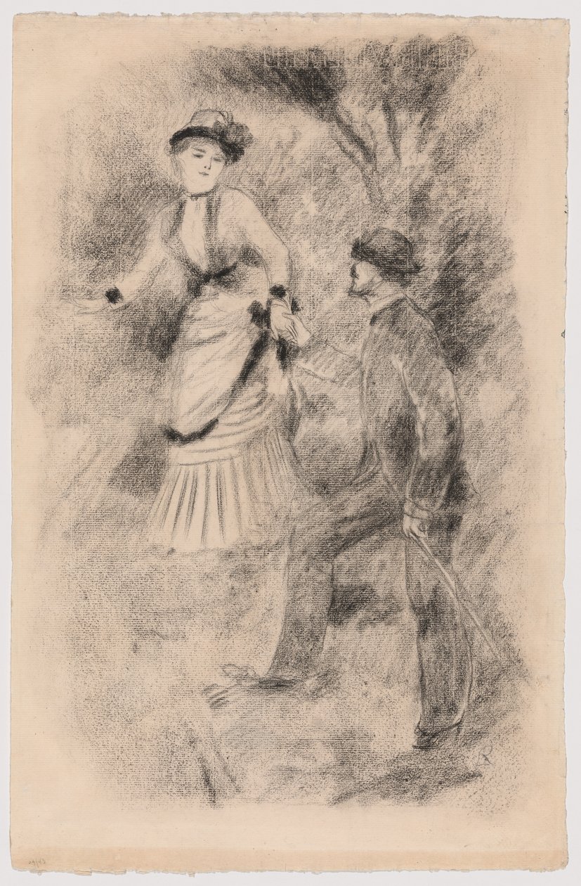 The Descent from the Summit: Jean Martin Steadies Hélène, the Banker’s Daughter (Illustration for Edmond Renoir’s “L’étiquette”) (recto); Half-Length Sketch of a Woman (verso) by Pierre Auguste Renoir