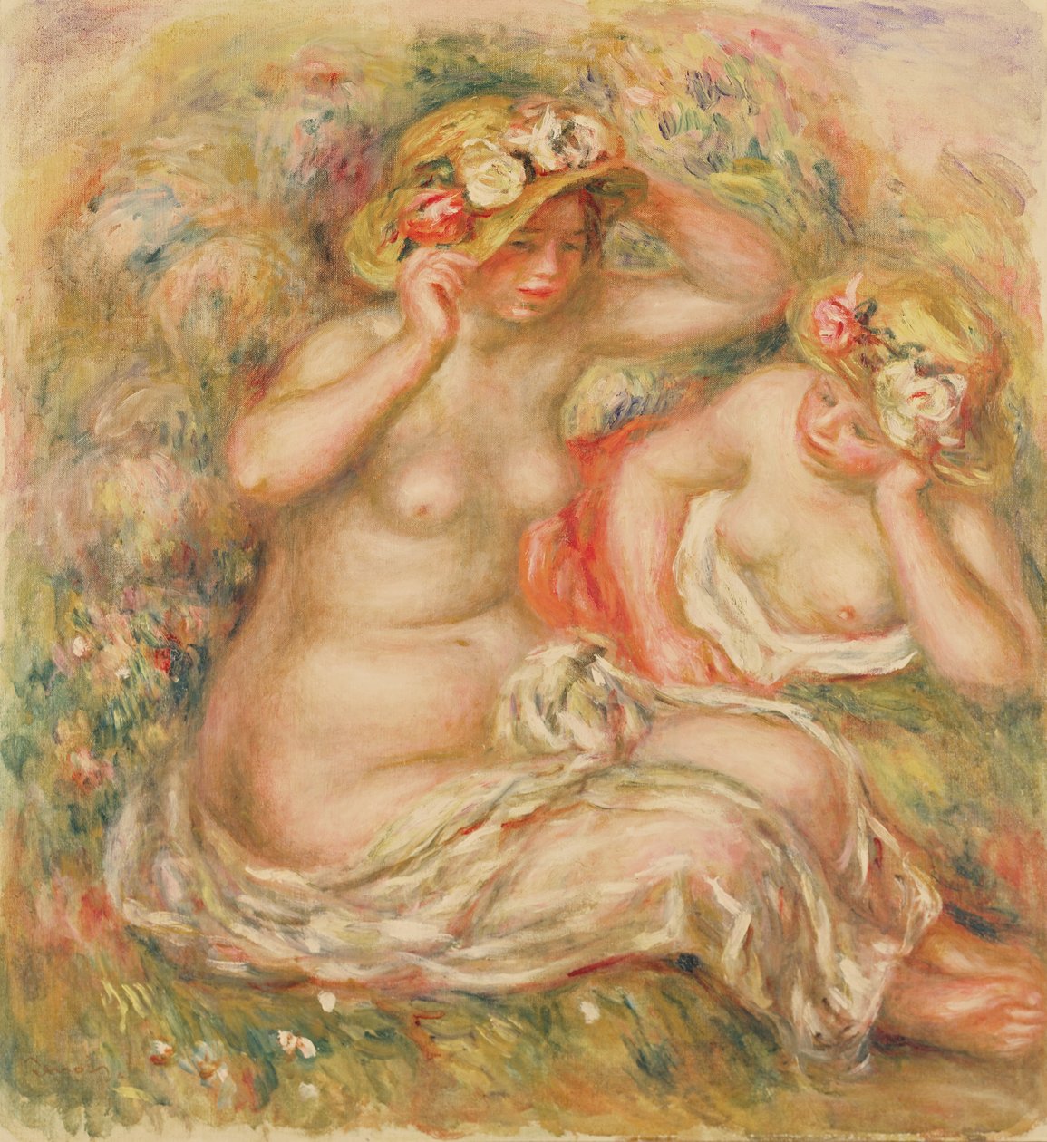 Two Nudes Wearing Hats by Pierre Auguste Renoir