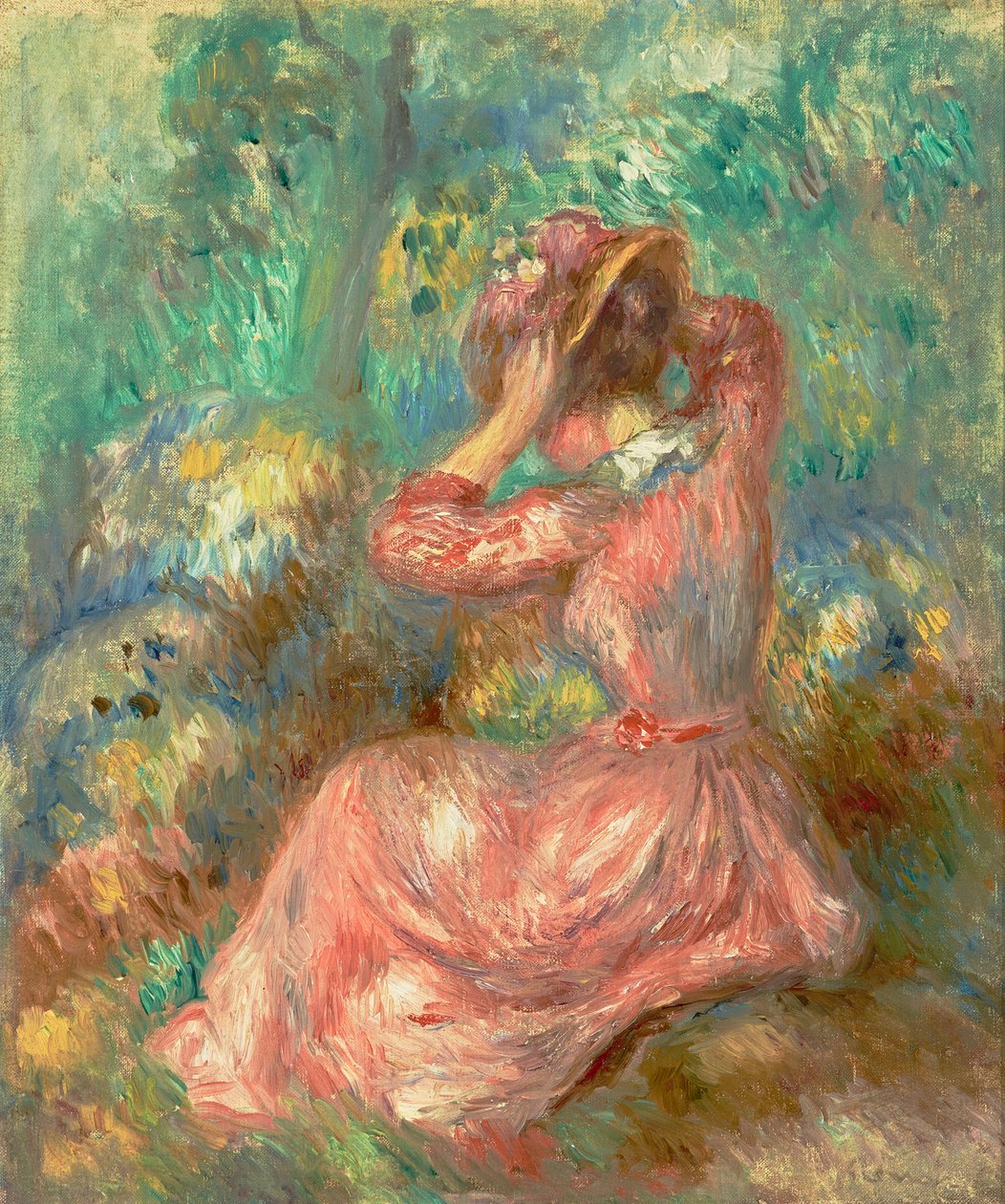 Woman Arranging Her Hat by Pierre Auguste Renoir