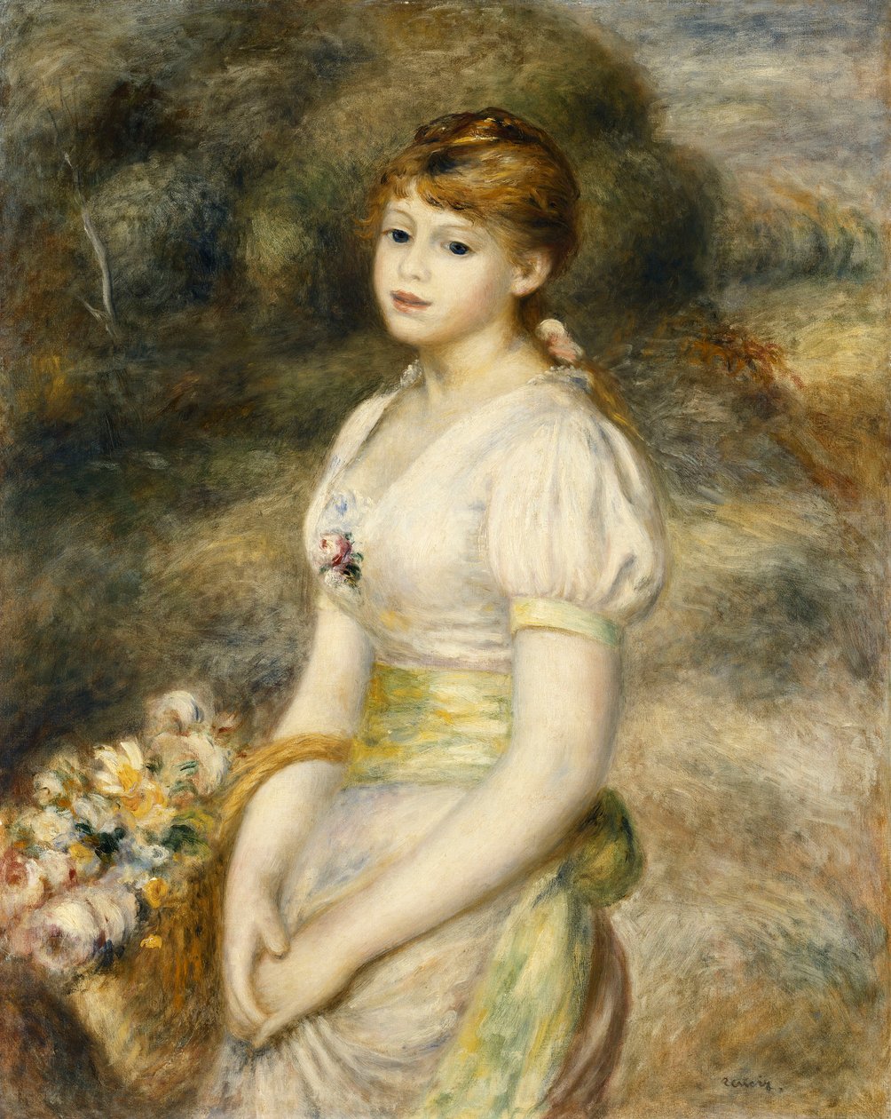 Young Girl Carrying a Basket of Flowers by Pierre Auguste Renoir
