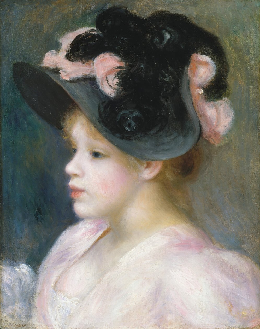 Young Girl in a Pink-and-Black Hat by Pierre Auguste Renoir