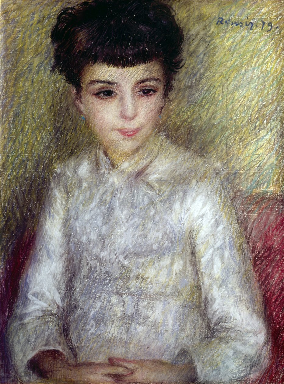 Young Brunette Girl Sitting with Hands Crossed by Pierre Auguste Renoir