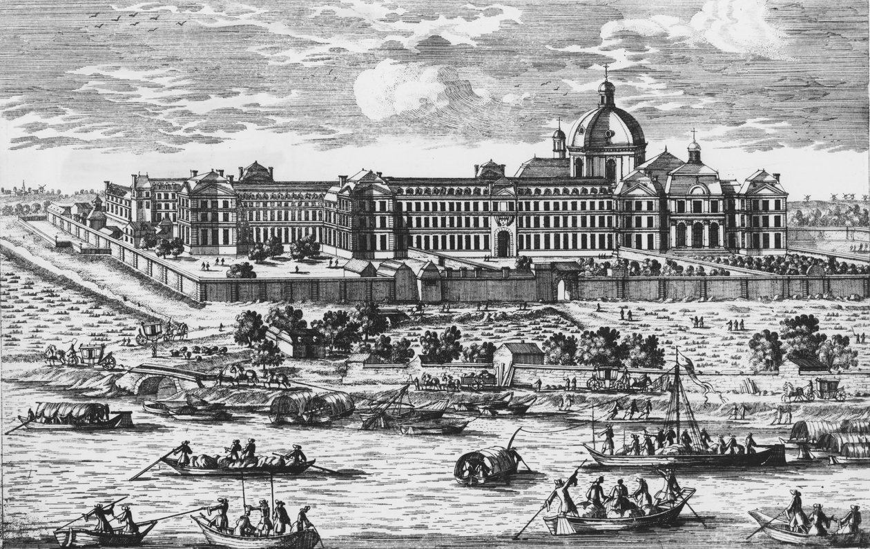 View of The Salpêtrière. Engraving of Aveline in the 17th century by Pierre Aveline