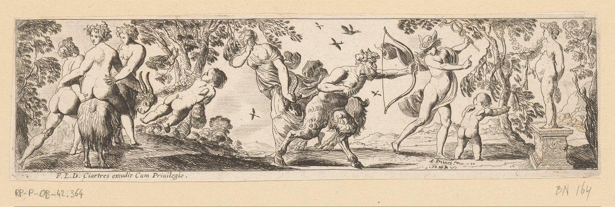 Satyr Shoots an Arrow at a Statue of Bacchus While Mercury Watches by Pierre Brebiette