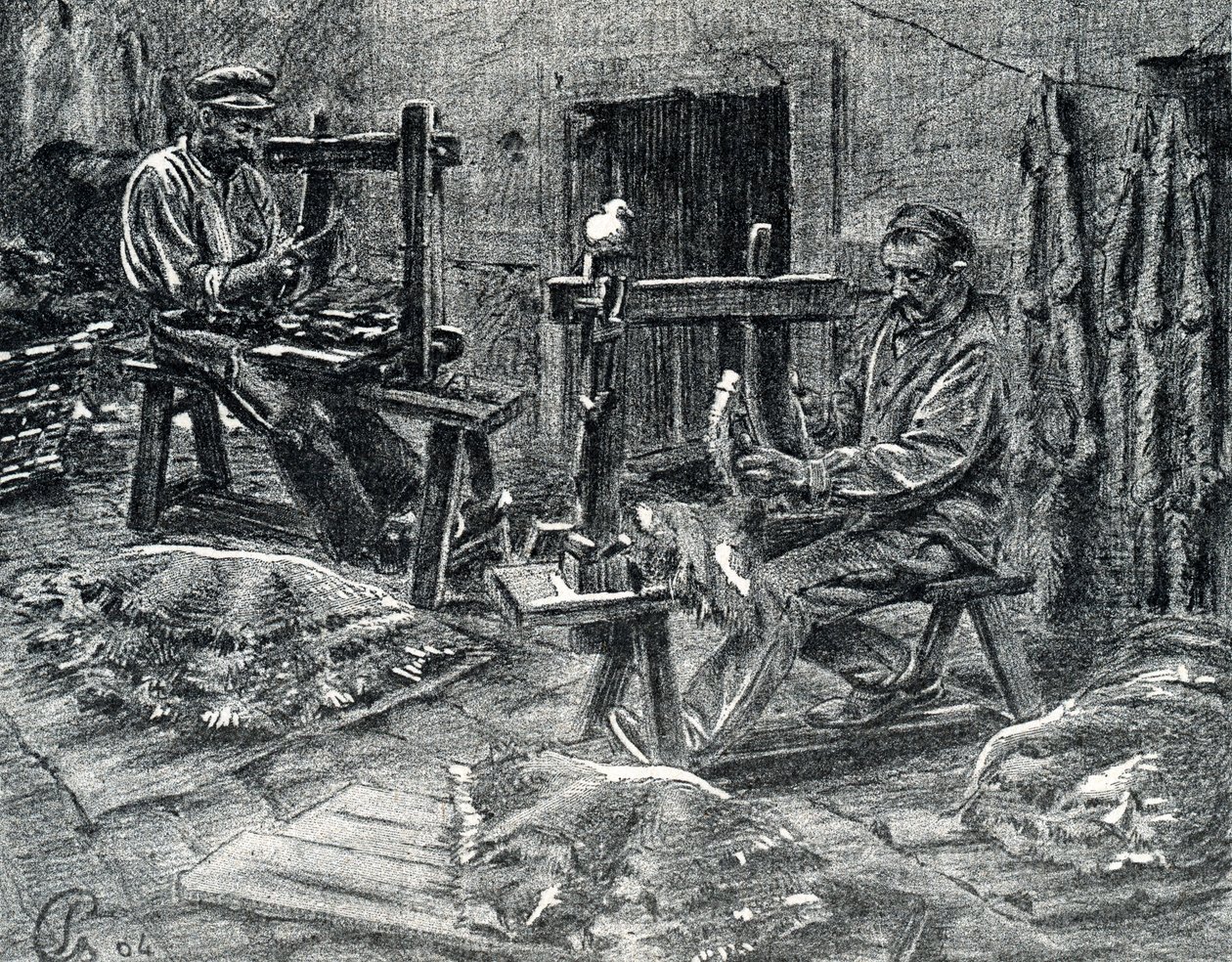 Craftsmen fleshing the sheepskins Engraving from 
