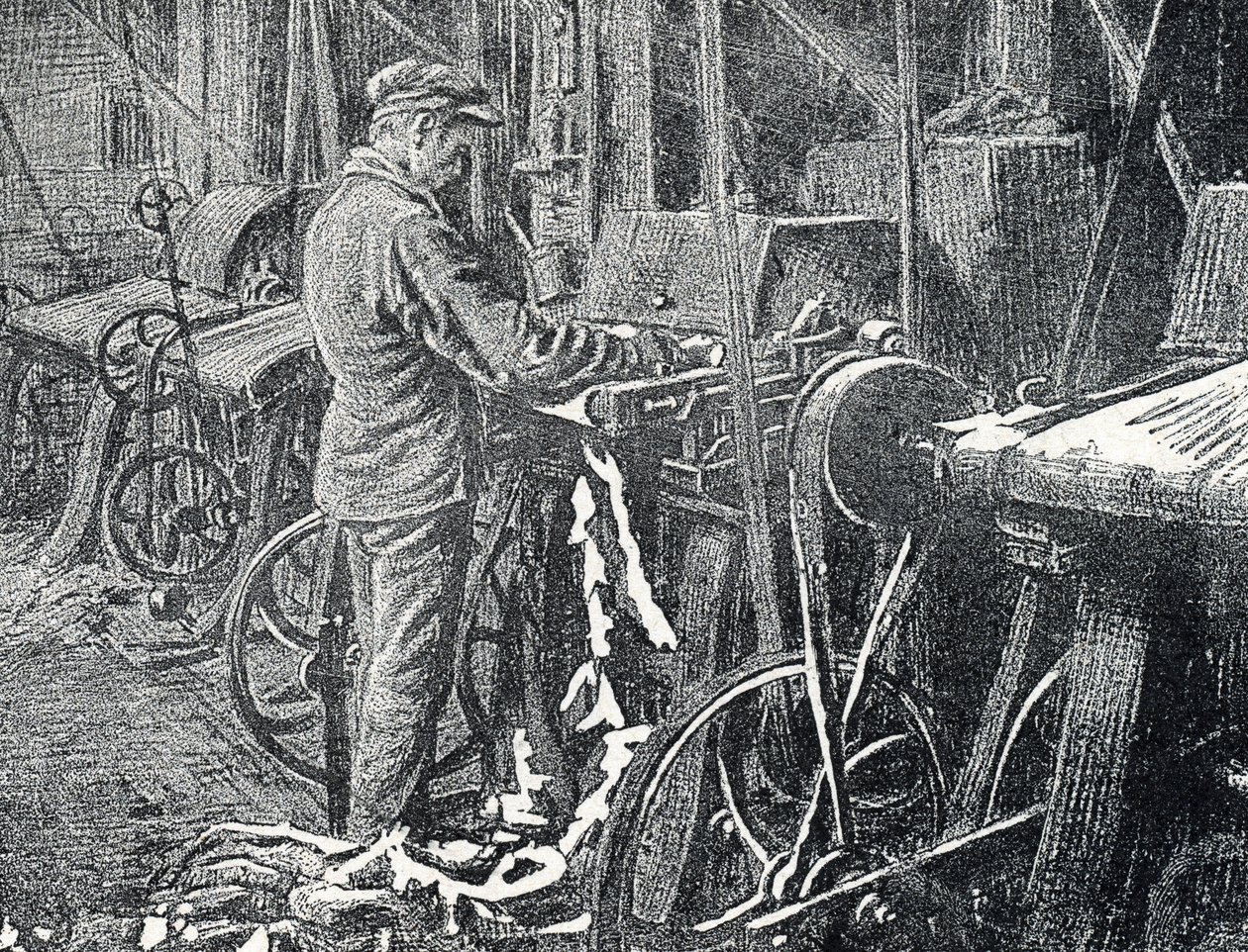 Leather industry: mechanical mowing of furs Engraving from “Excursion a travers les metiers” by Pierre Calmette Private Collection by Pierre Calmettes