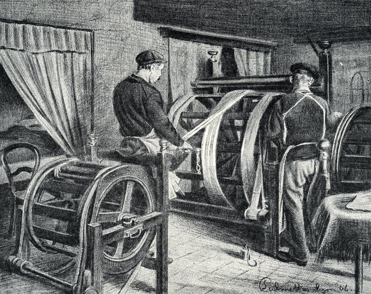 Silk work: the unrolling of the silk. Engraving from Excursion a travers les metiers by Pierre Calmette by Pierre Calmettes