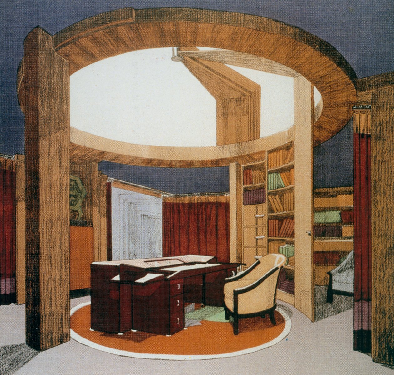 Design for study-library (Bureau-Bibliotheque) for Ambassade de France, presented at International Exposition of Decorative Arts in Paris, in 1925, France, 20th century by Pierre Chareau
