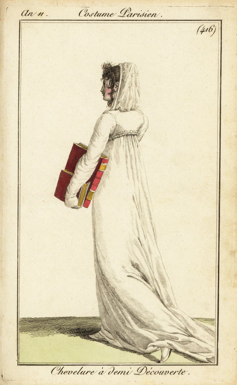 Woman in white dress with veil over half her hair, Paris by Pierre Charles Baquoy