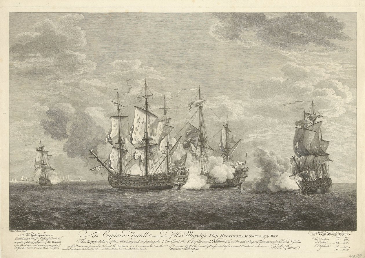 Attack of an English Ship on Three French Ships near Sint Eustatius, 1758 by Pierre Charles Canot