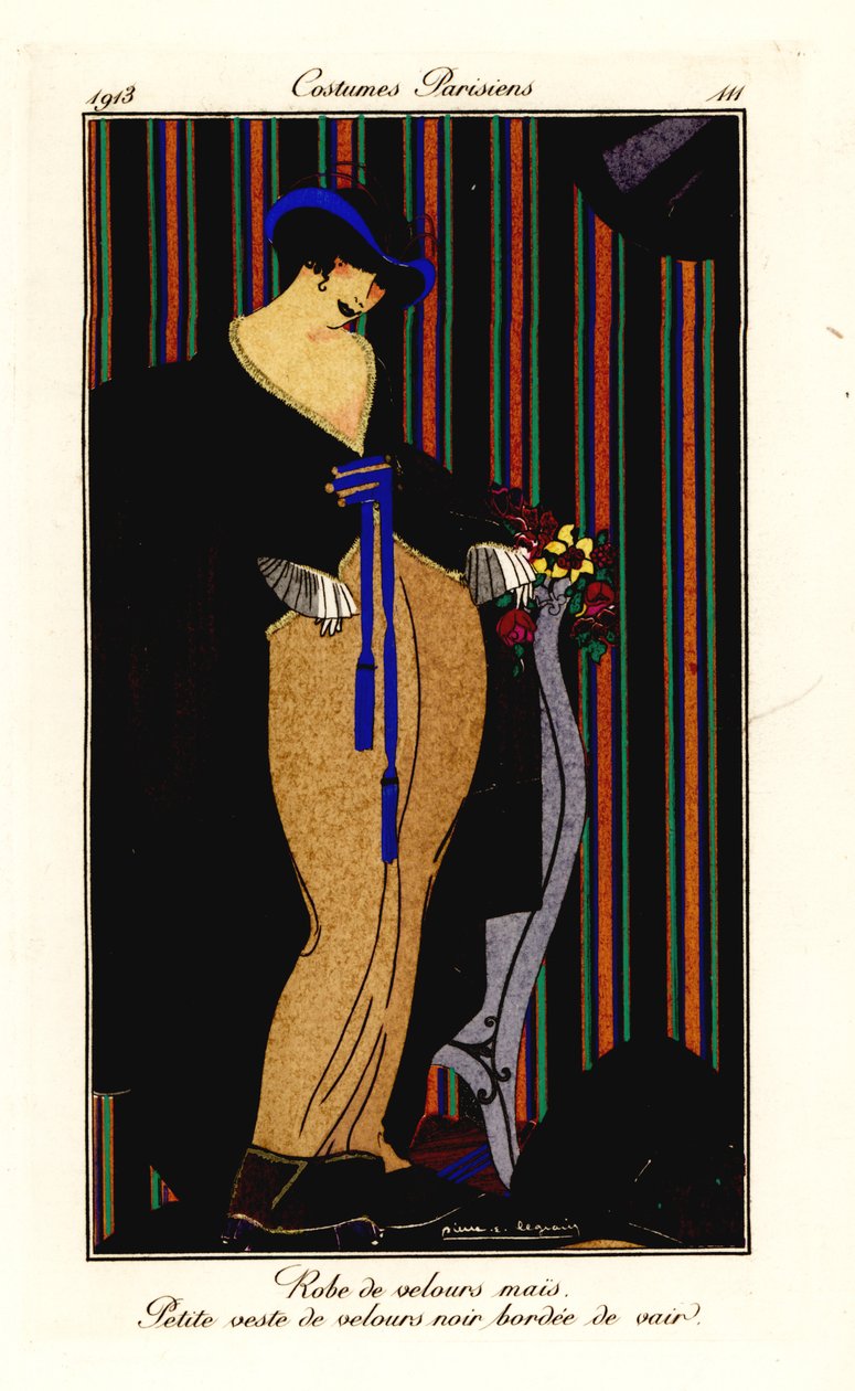 Woman in dress of corn-yellow velvet with black waistcoat by Pierre E. Legrain