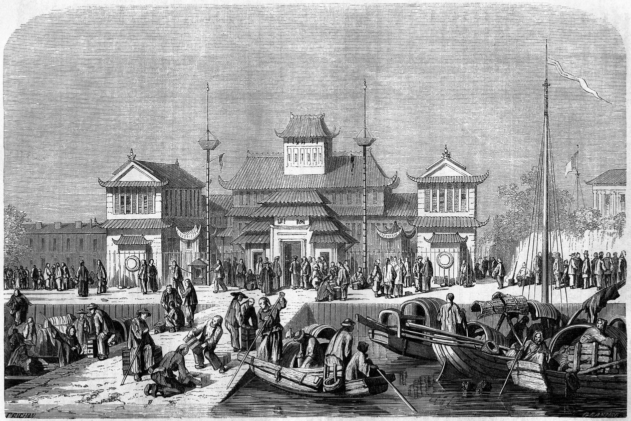 Customs view in the port of Shanghai in 1860, China. Engraving by Grandsire, in 