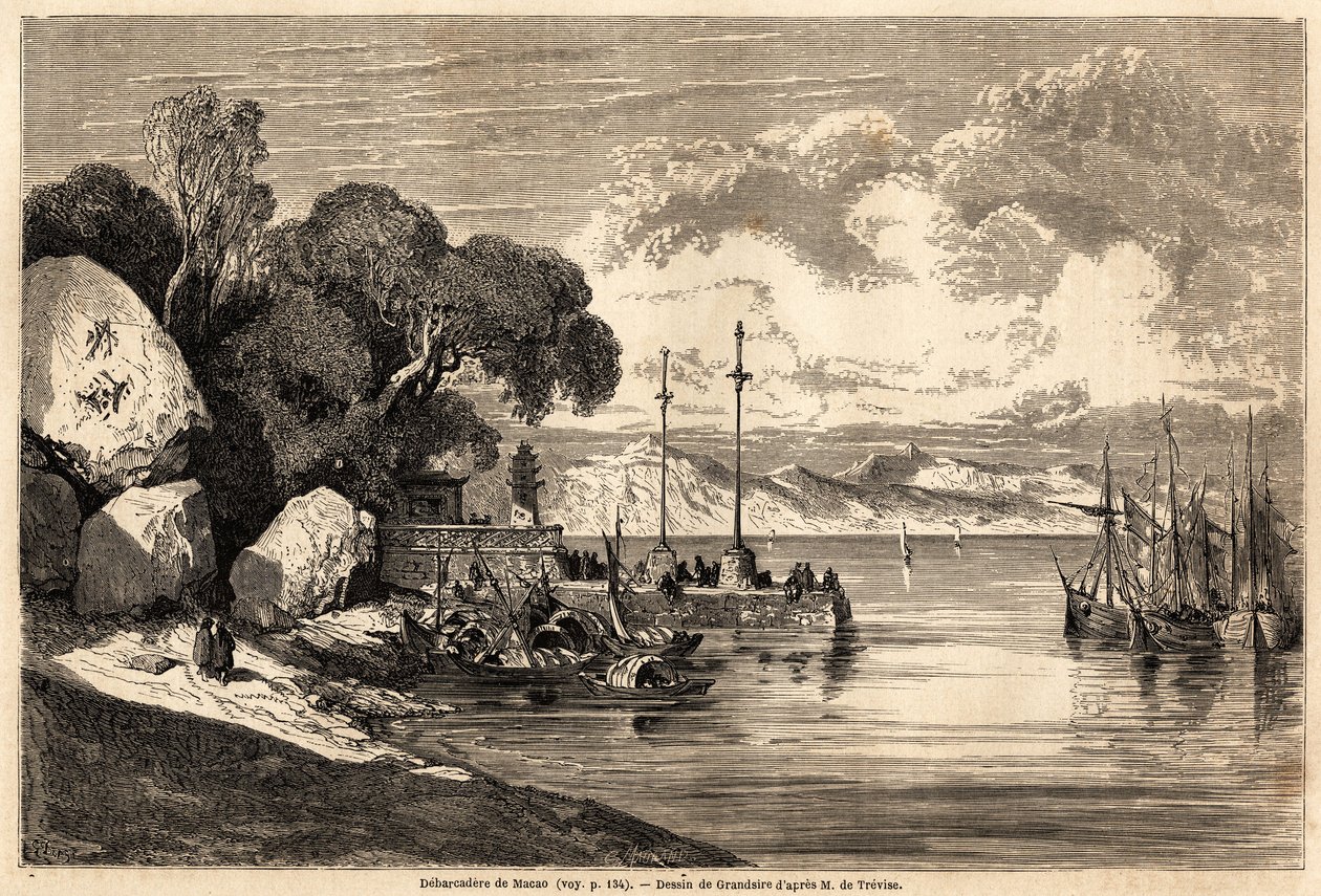 The Barcadere de Macau, drawing by Grandsire to illustrate the journey to China and Japan, in 1857-1858, of M. de Moge. Engraving in 