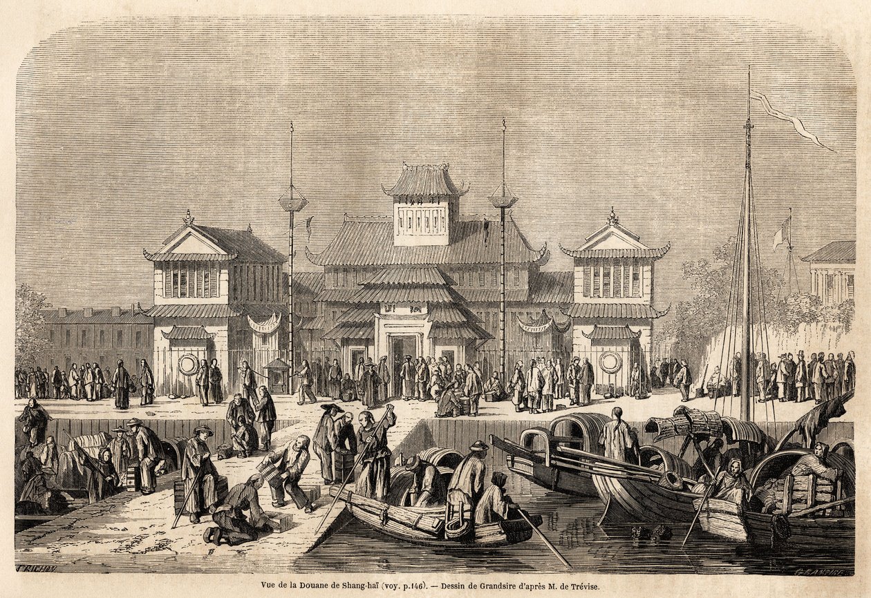 The Shanghai Customs Building, drawing by Grandsire, to illustrate the voyage to China and Japan, in 1857-1858, of the Marquis de Moges. Engraving in Le tour du monde, nouveau journal des voyages Paris by Pierre Eugene Grandsire