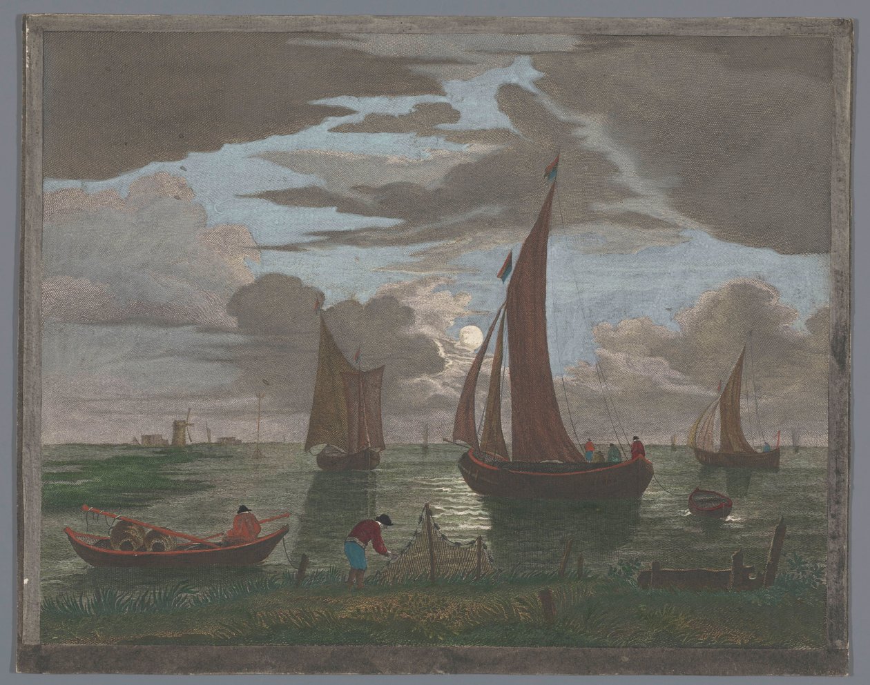 View of a Coast with Ships and Boats on the Water by Moonlight by Pierre François Basan