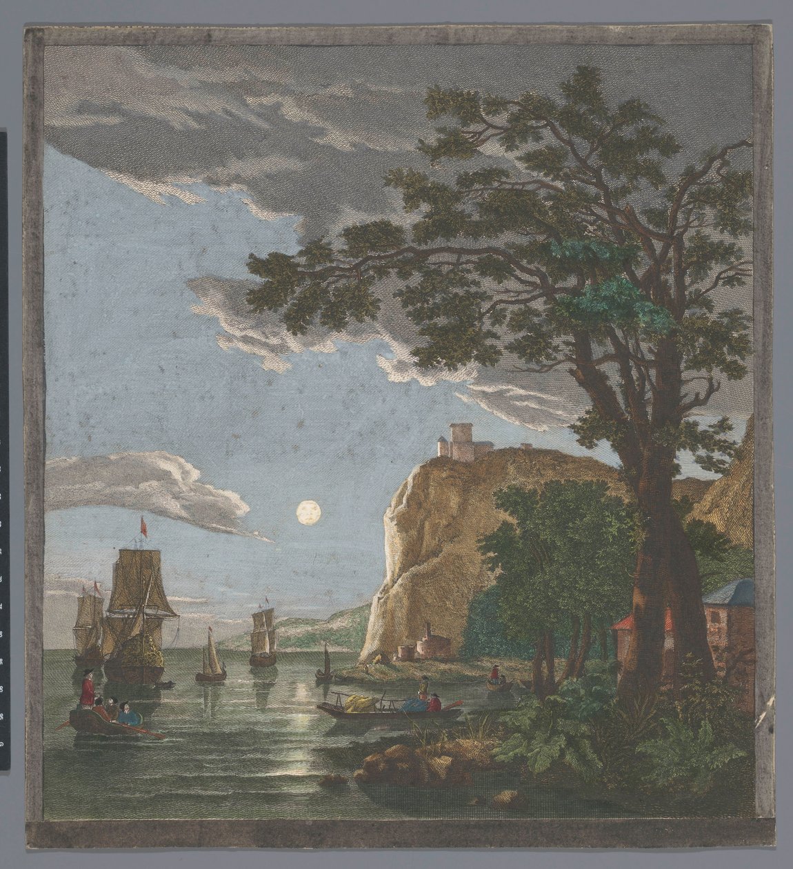 View of a Coast with Ships and Boats on the Water by Moonlight by Pierre François Basan