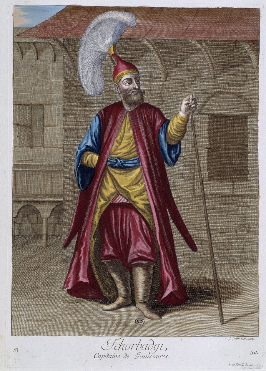 Tchorbadgi, captain of the Janissaries, “Collection of 100 prints representing different nations of the Levant in 1707 and 1708” by the orders of M. de Frriol, ambassador of the king at the Porte and updated in 1712-13 by the care of M. Le Hay, Basan by Pierre François Basan