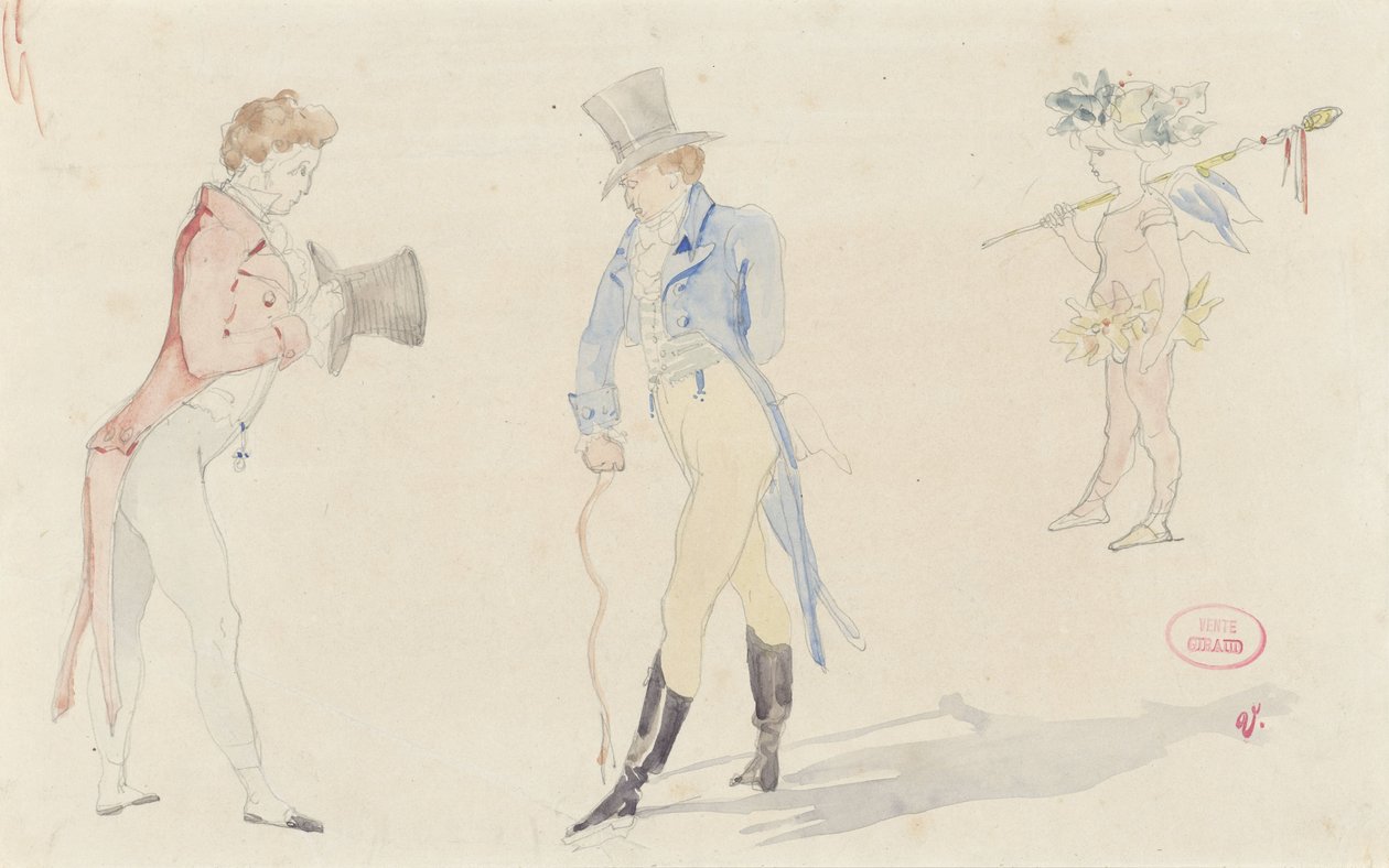 Light Sketch Sheet with Two Meeting Dandies and a Ballet-Amour by Pierre François Eugène Giraud