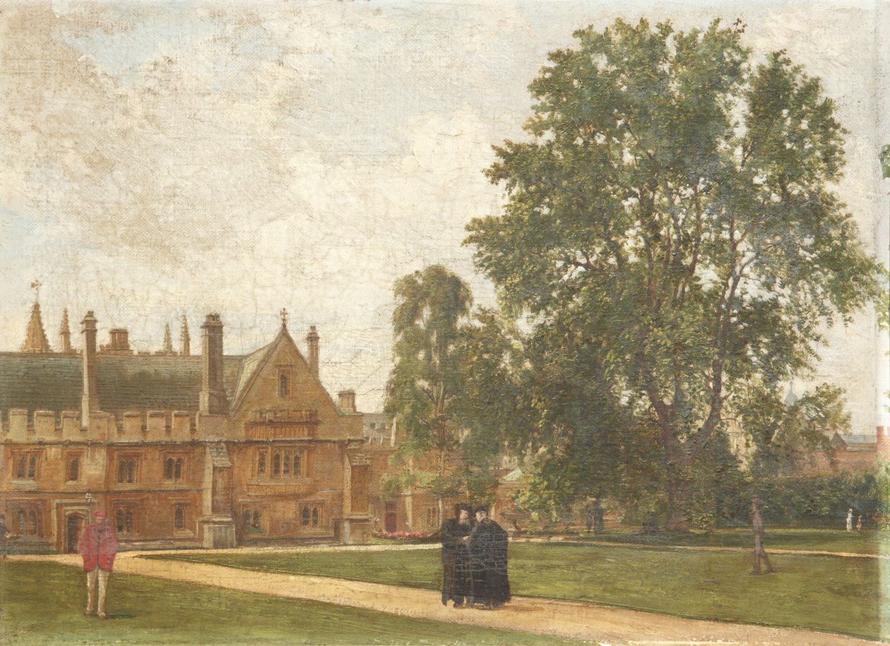 In the Grounds of Magdalen College, with Portraits of Magdalen Fellows: Reverend T. H. T. Hopkins, Reverend H. R. Bramley, Reverend J. Rigaud and Reverend H. F. Garnsey, 1882 by Pierre François Joseph Tonneau