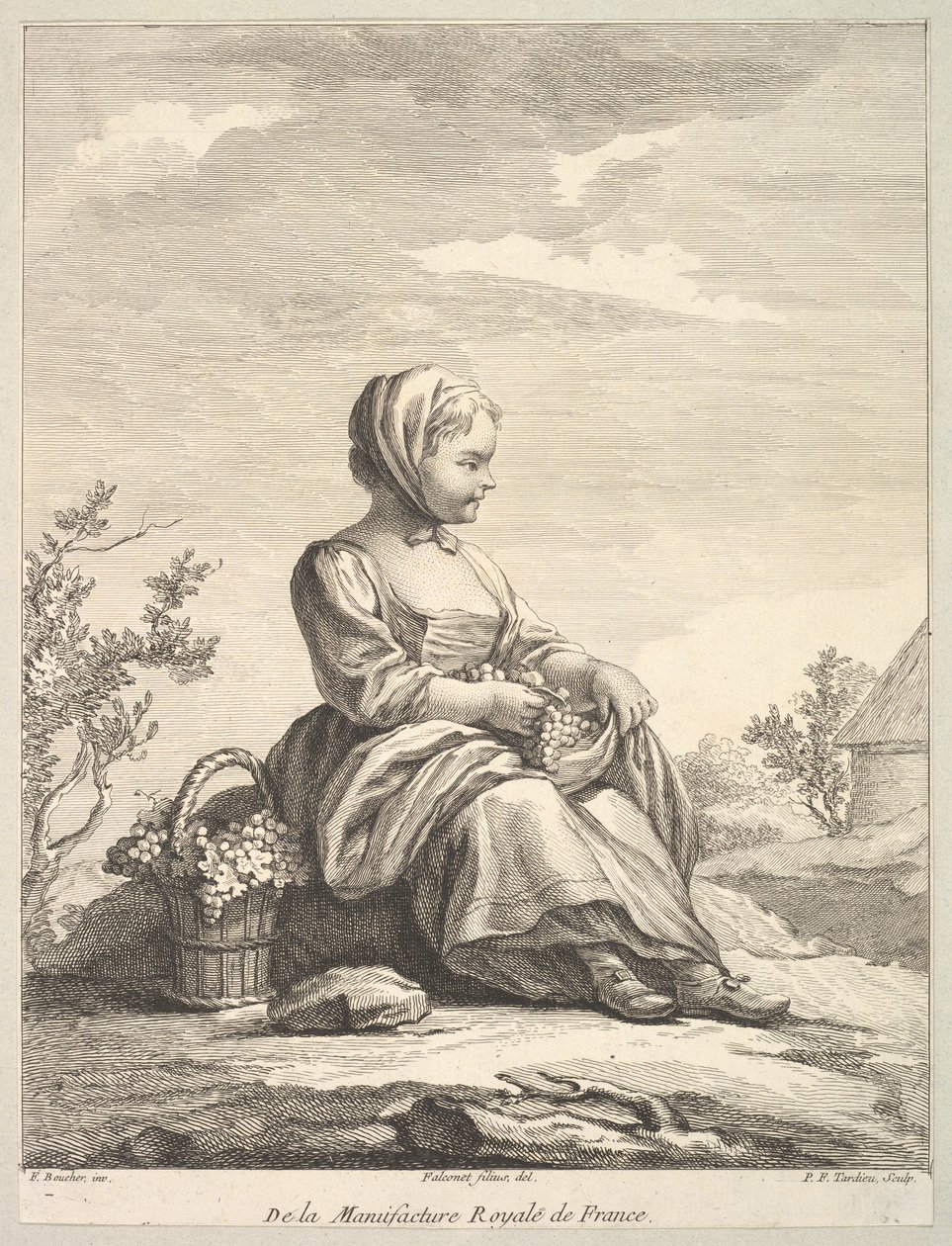 Little girl holding grapes with a basket of them by her side, from Deuxième Livre de..., after 1757 by Pierre François Tardieu