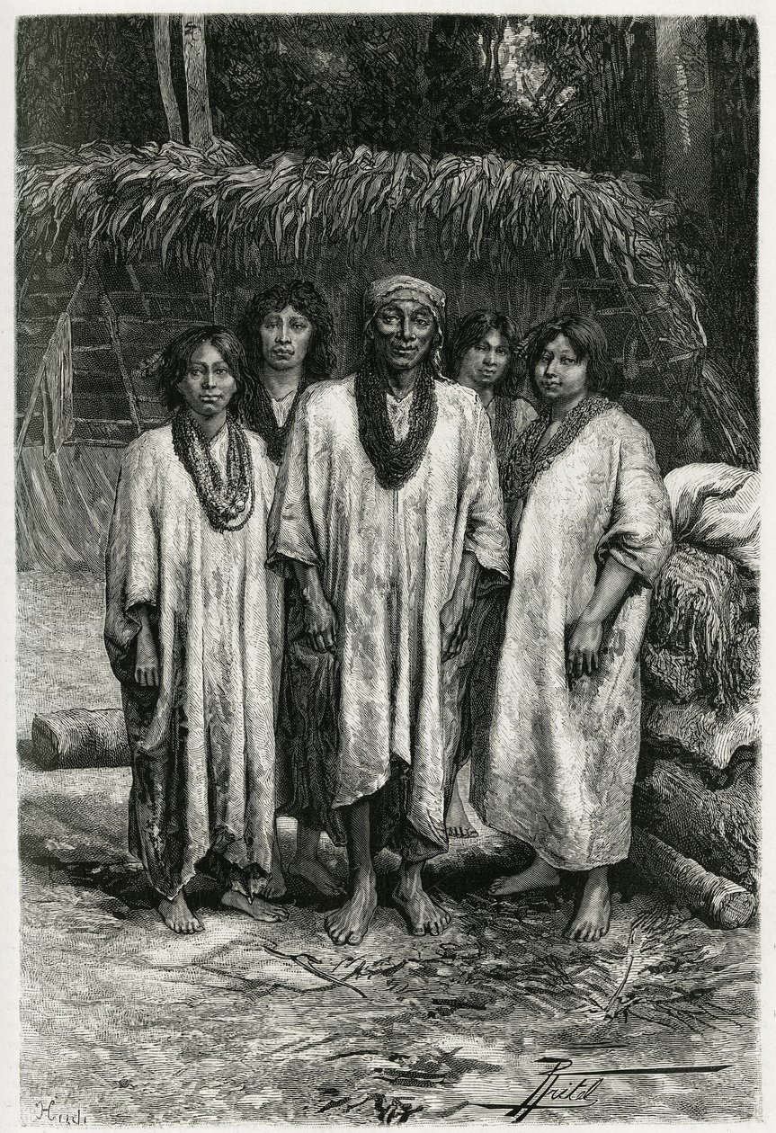 Chief Lacandon and Lacandon types, Mayan people living in the jungles of Chiapas (Mexico). Engraving by P. Fritel, to illustrate the story 