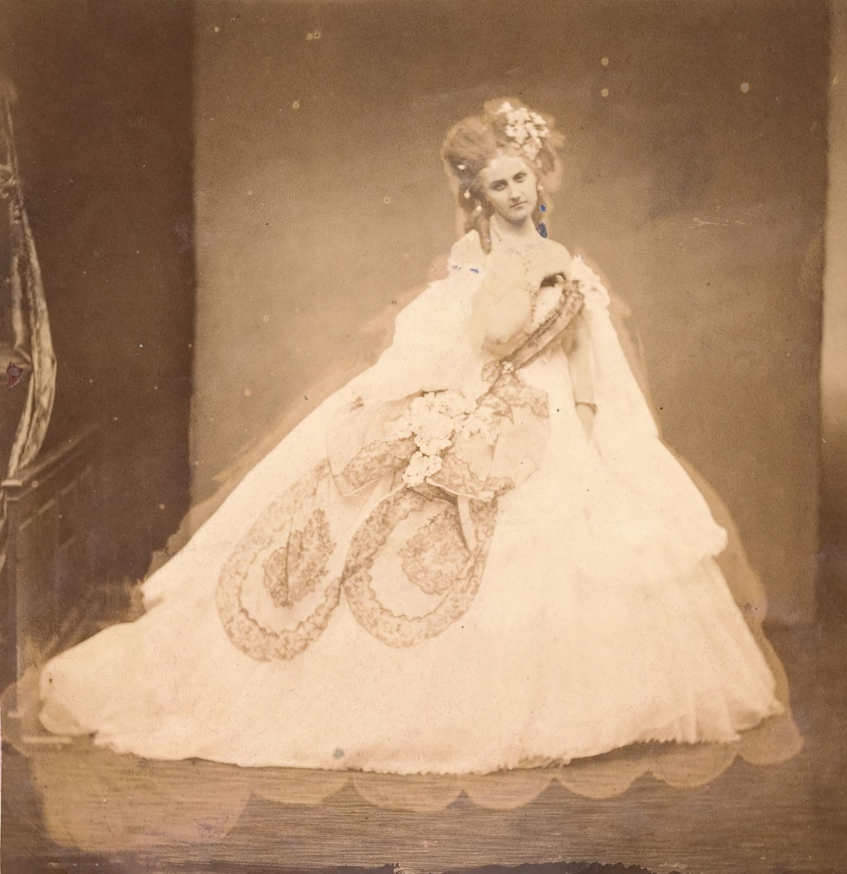 La Bisi. Boudoir, robe velour gris, moire rose, fleurs roses, feuilles grises de sa mai by Pierre Louis Pierson