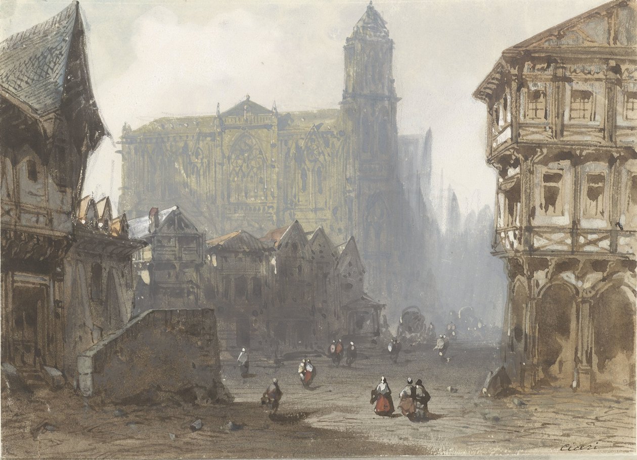 The Old Market Square in Rouen by Pierre Luc Charles Ciceri