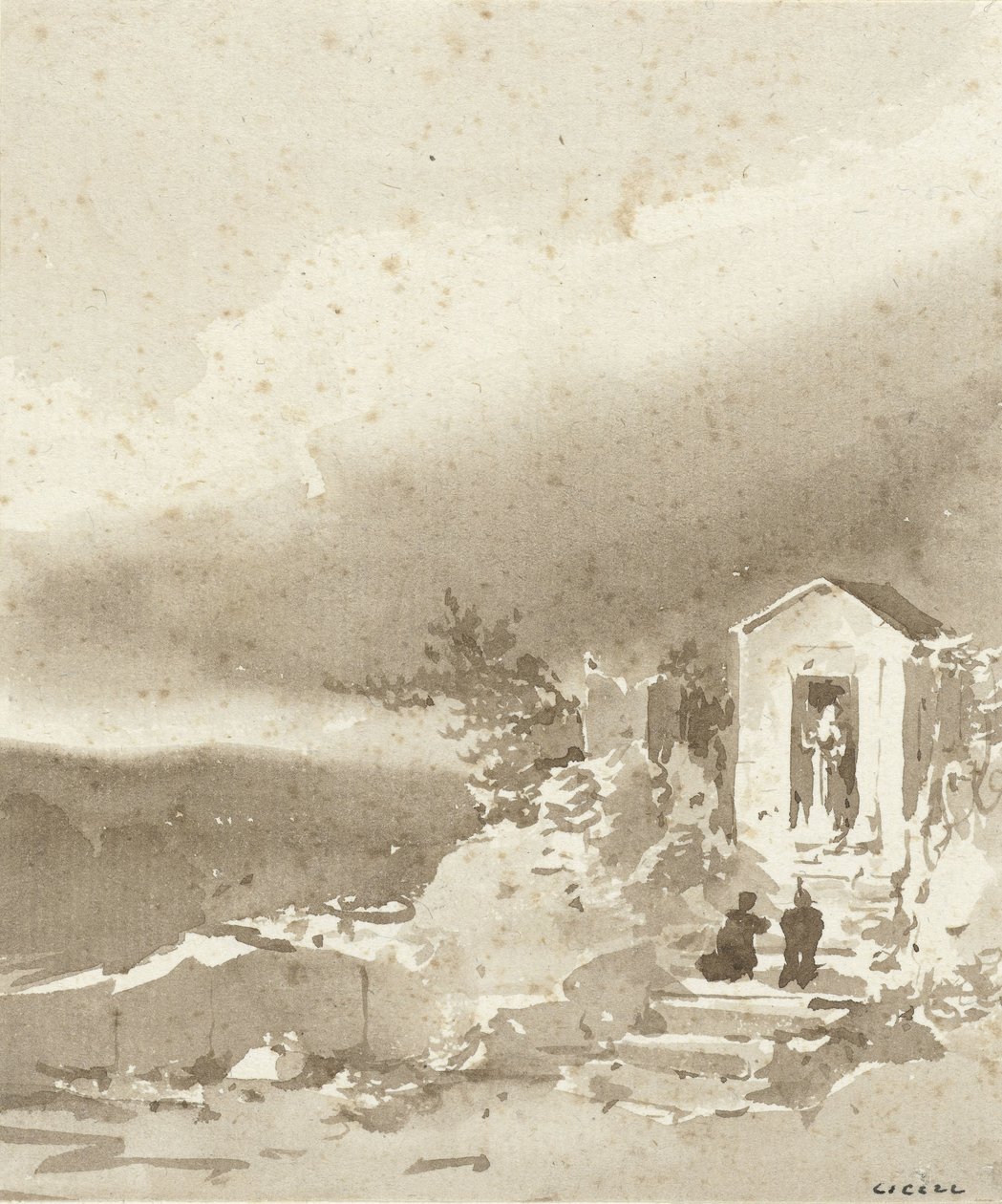 Two Kneeling Figures on the Steps of a Chapel in the Mountains by Pierre Luc Charles Ciceri