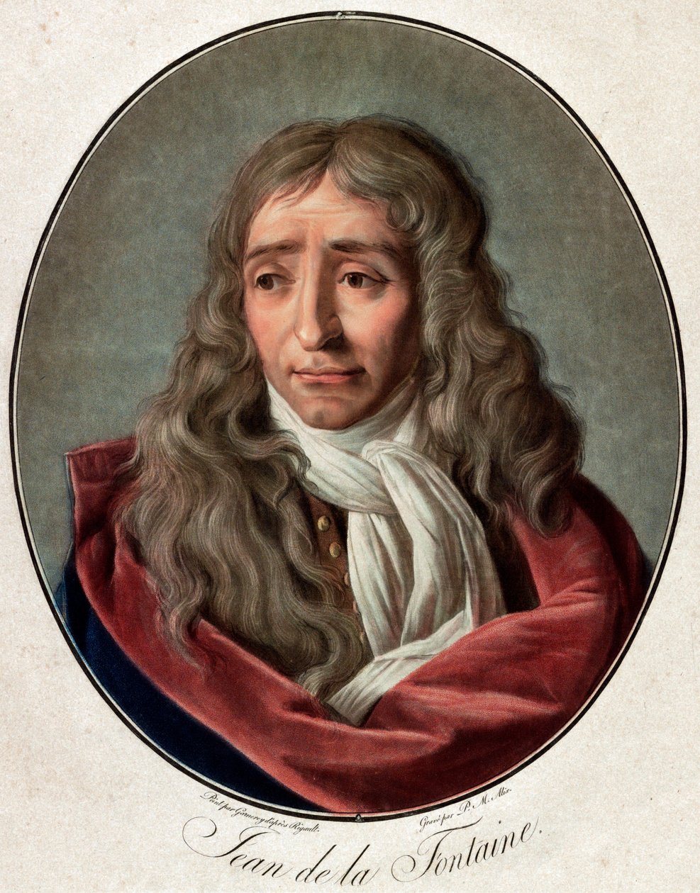 Portrait of Jean de La Fontaine (1621-1695), French poet - engraving by Pierre Michel Alix (1762-1817) by Ambroise Louis Garnerey (1783-1857) by Pierre Michel Alix