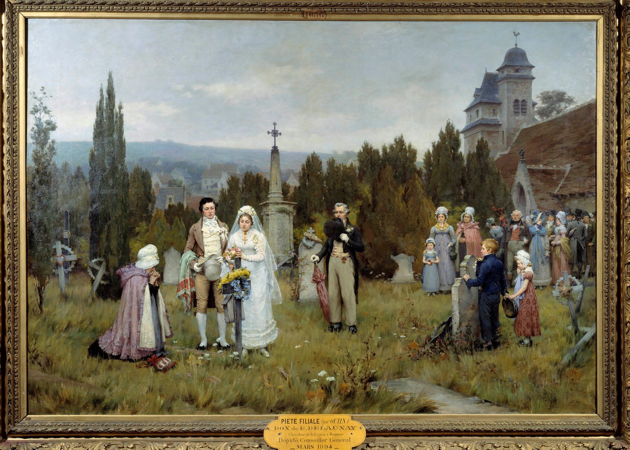 Wedding Scene, the young brides gather on the grave of the deceased father of one of the young brides by Pierre Outin