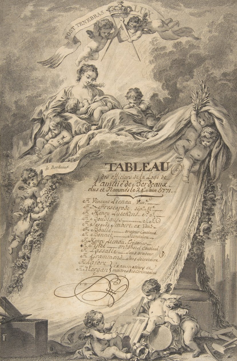 Diploma for the Freemasons of Bordeaux, after François Boucher by Pierre Philippe Choffard