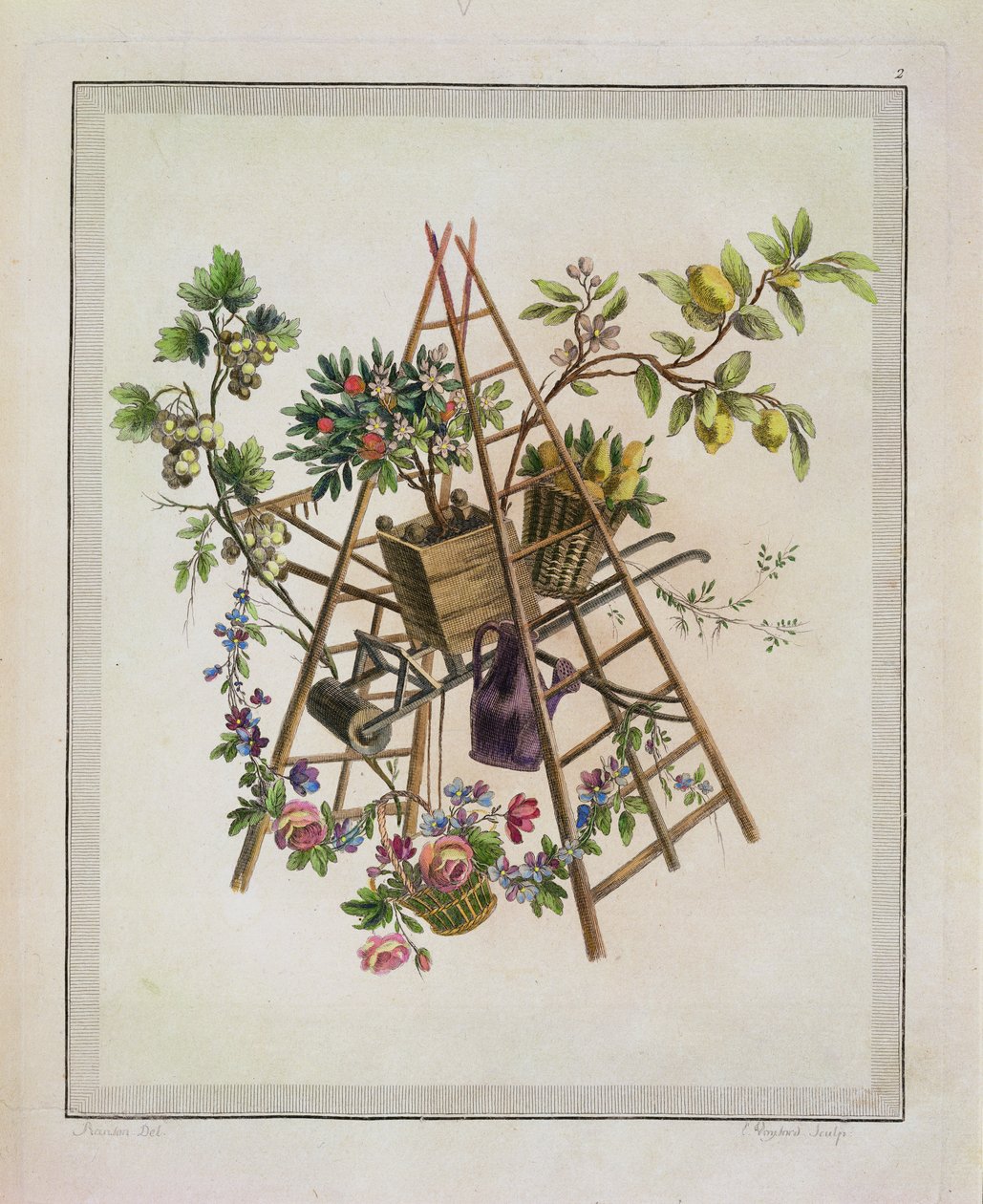 A garden textile design, from Oeuvre contenant un Receuil de Trophees, Attributs, Cartouches, Vases, Fleurs, Ornemens, et Plusieurs Dessins agreeables pour broder des Fauteuils, engraved by Etienne C by Pierre Ranson